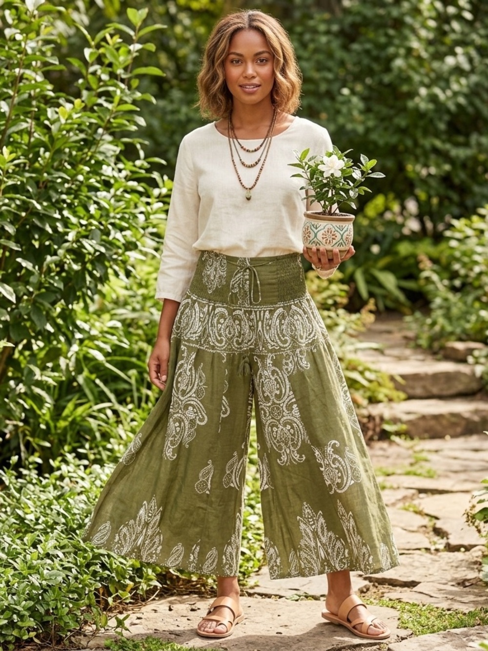 Karma Highway Olive Green Printed Elastic Waist Drawstring WideLeg Pant Women OS
